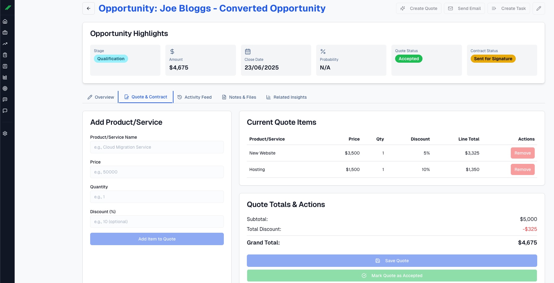 GreenLane CRM Opportunity Quoting interface