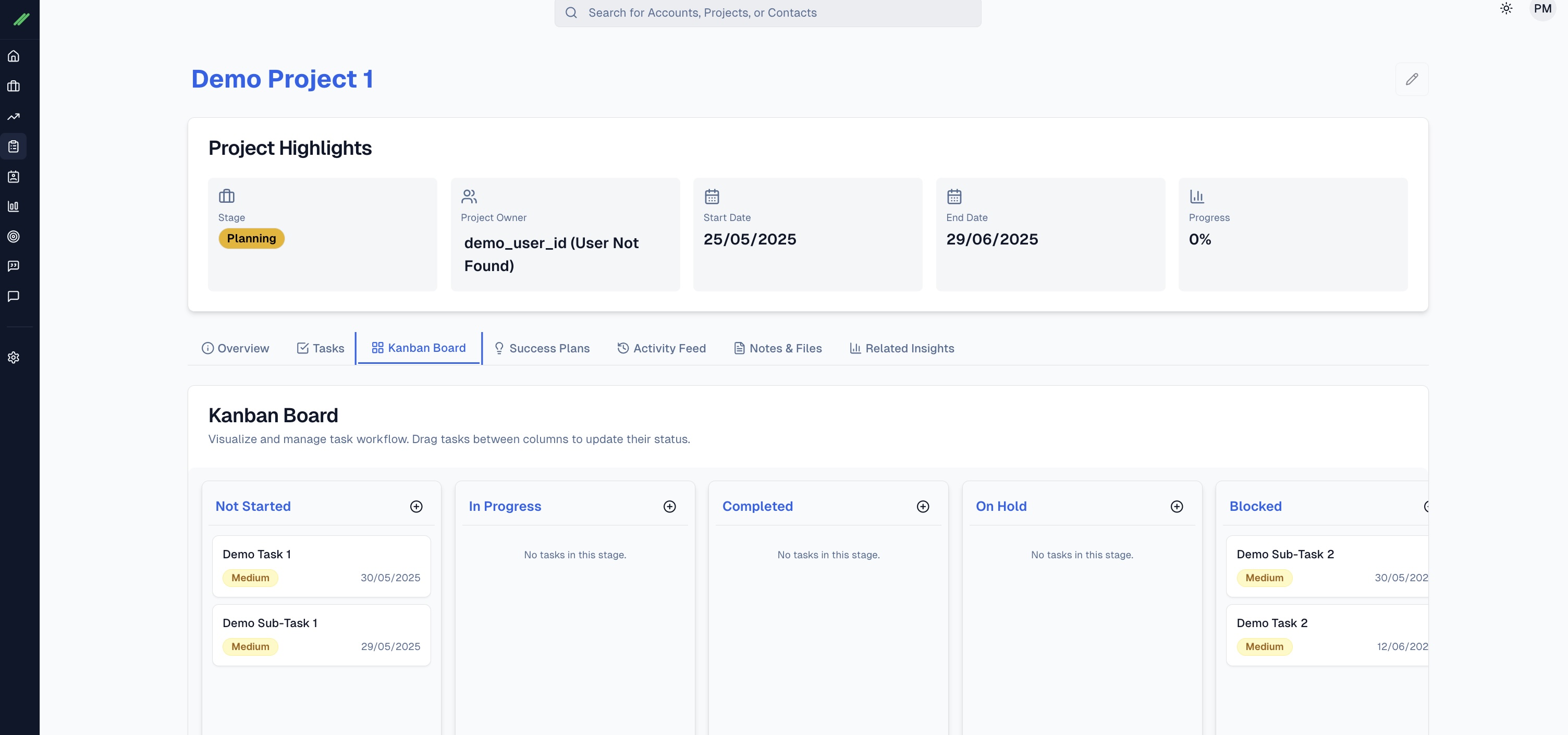 GreenLane CRM Project Management Kanban Board View